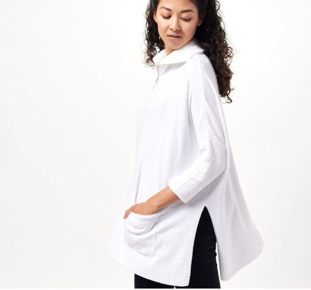 Barefoot Dreams CozyChic Lite Half-Zip Rolled Edge Tunic white S/M NEW